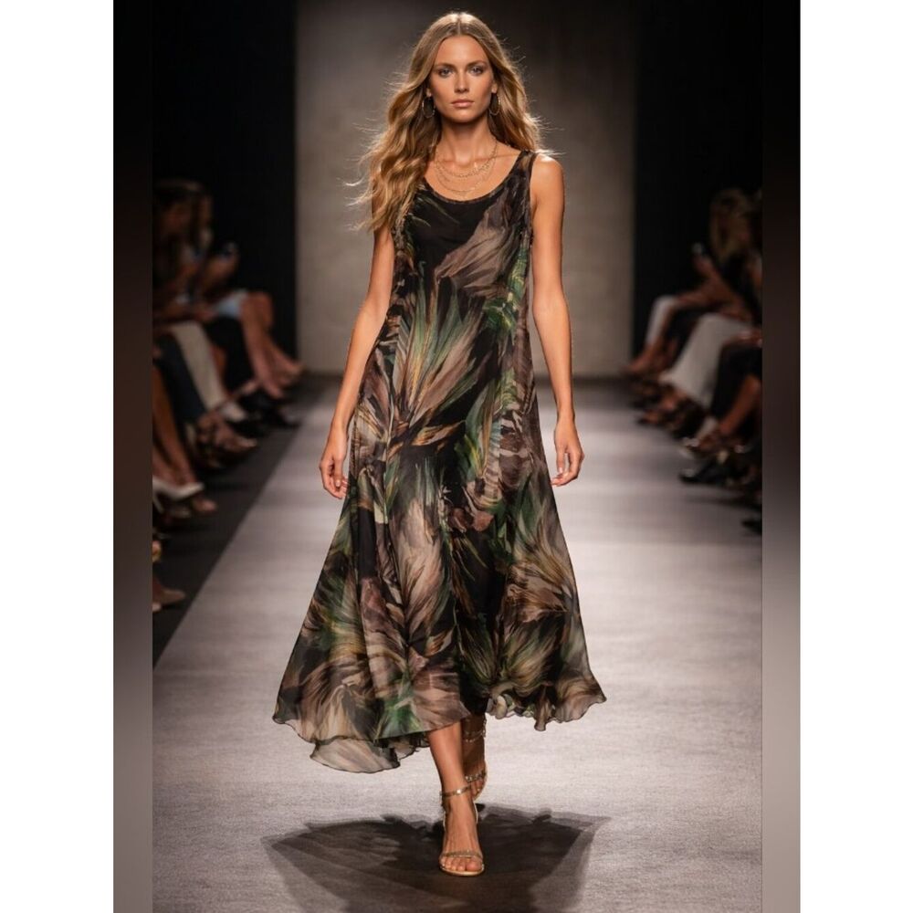 Viviana Sleeveless Maxi Dress in Black and Green Leaf Print